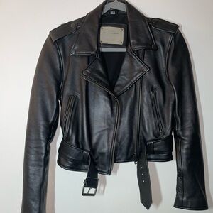Black Leather Motorcycle Jacket with Asymmetrical Zipper and Belted Waist